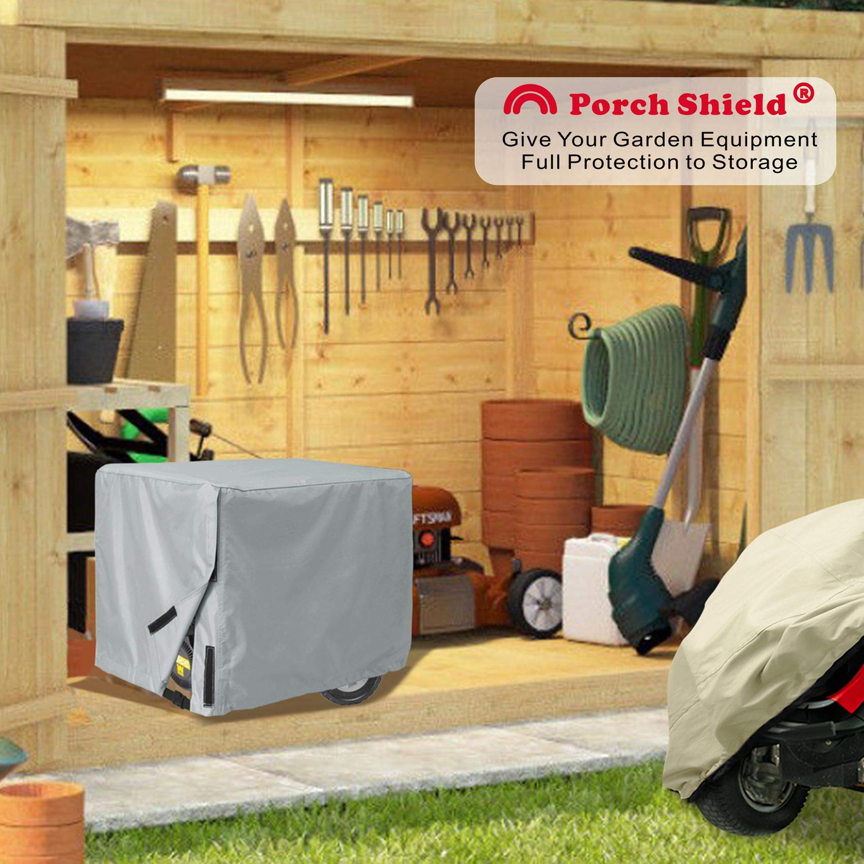 Porch Shield all-weather protection against sun, rain, and dust for generators.