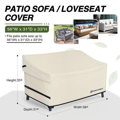 Porch Shield beige loveseat cover fitting a 2-seater for color preservation.