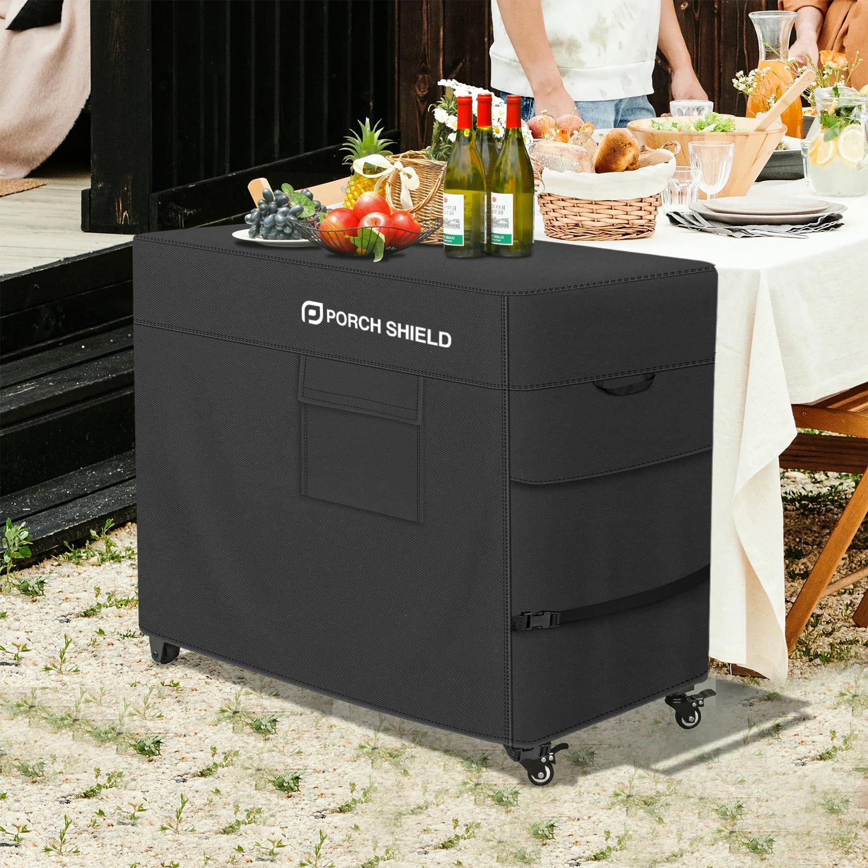 Porch Shield black outdoor cooler cart cover on patio exterior.