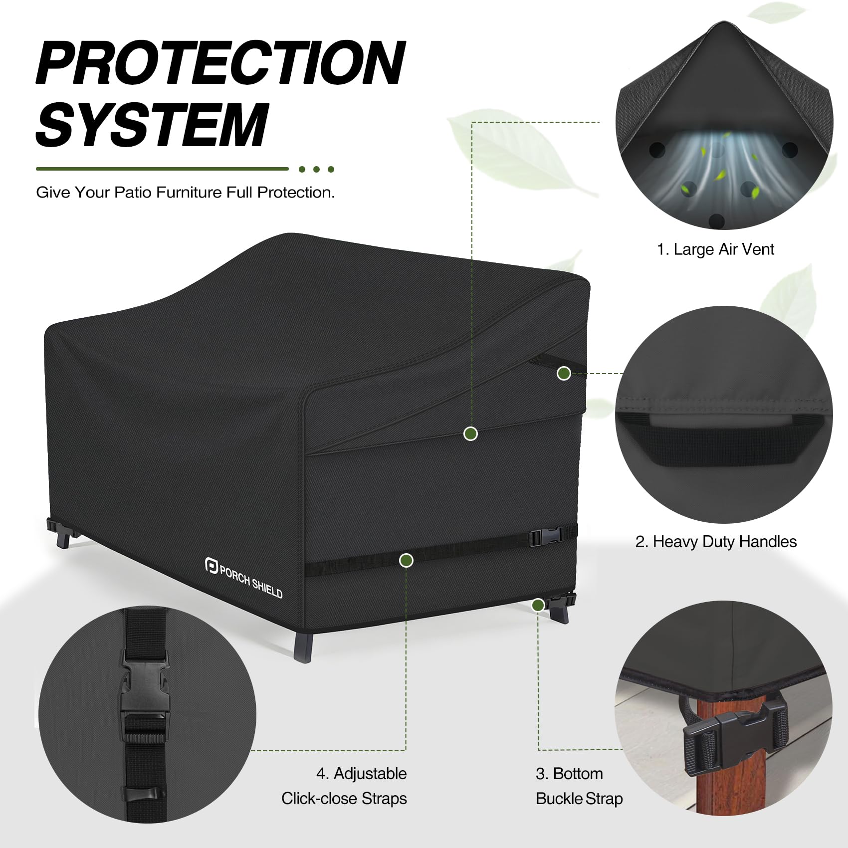 Porch Shield bottom buckle straps secure the cover during gusty days.