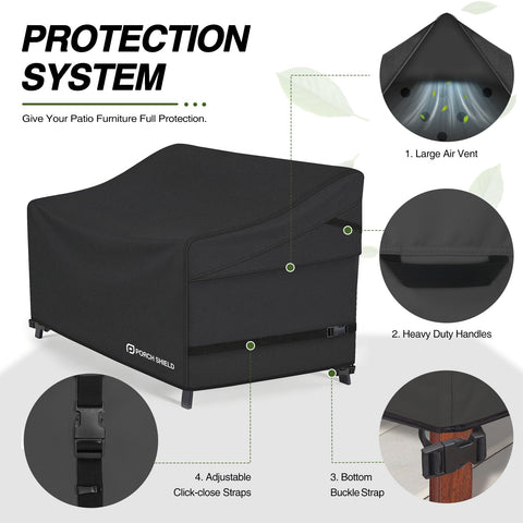 Porch Shield bottom buckle straps secure the cover during gusty days.