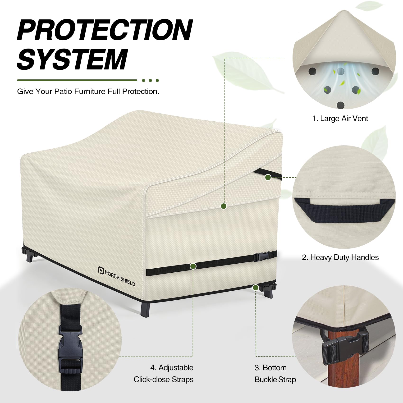 Porch Shield bottom buckle straps locking the cover in windy conditions.