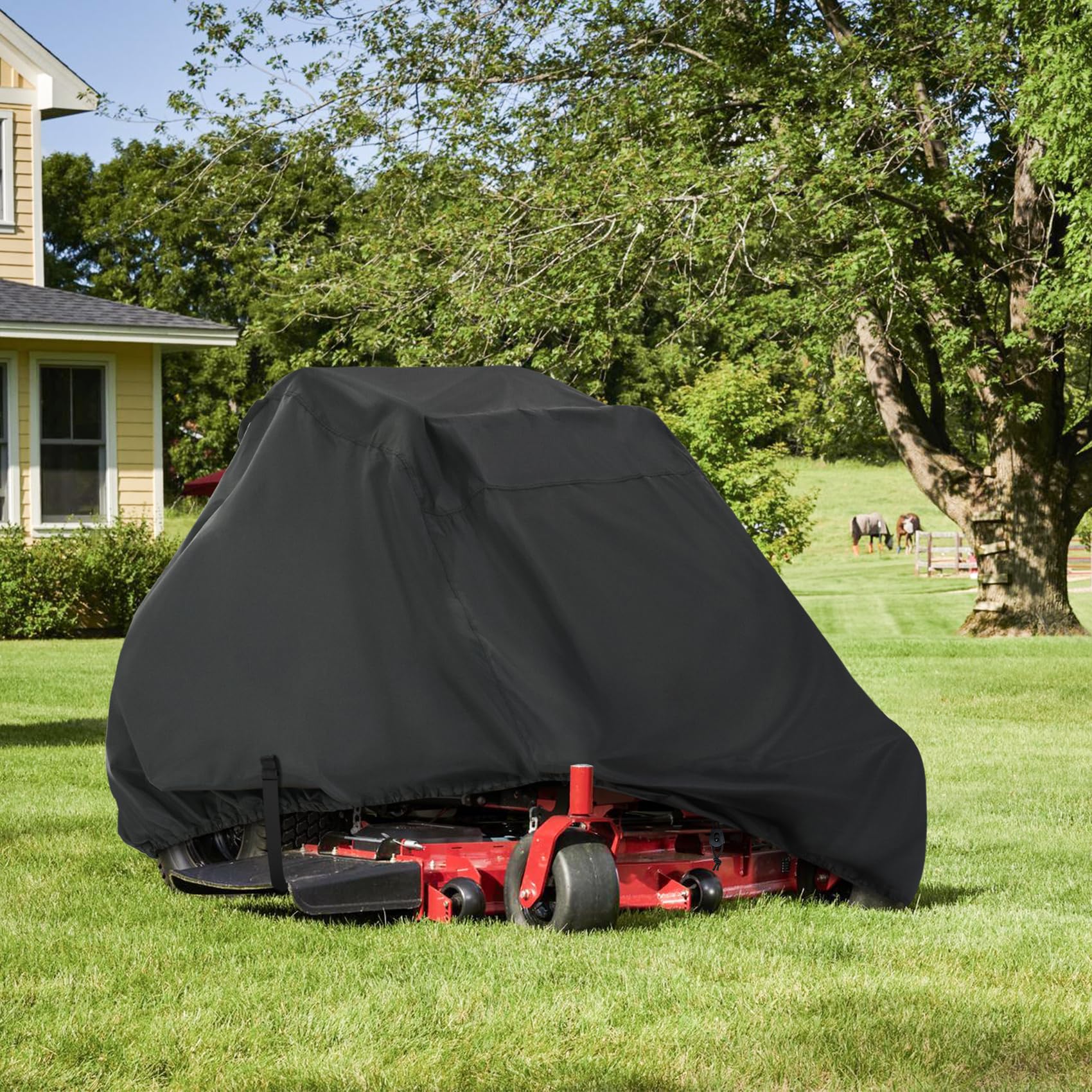 Porch Shield mower cover protects against wind-driven debris outdoors.