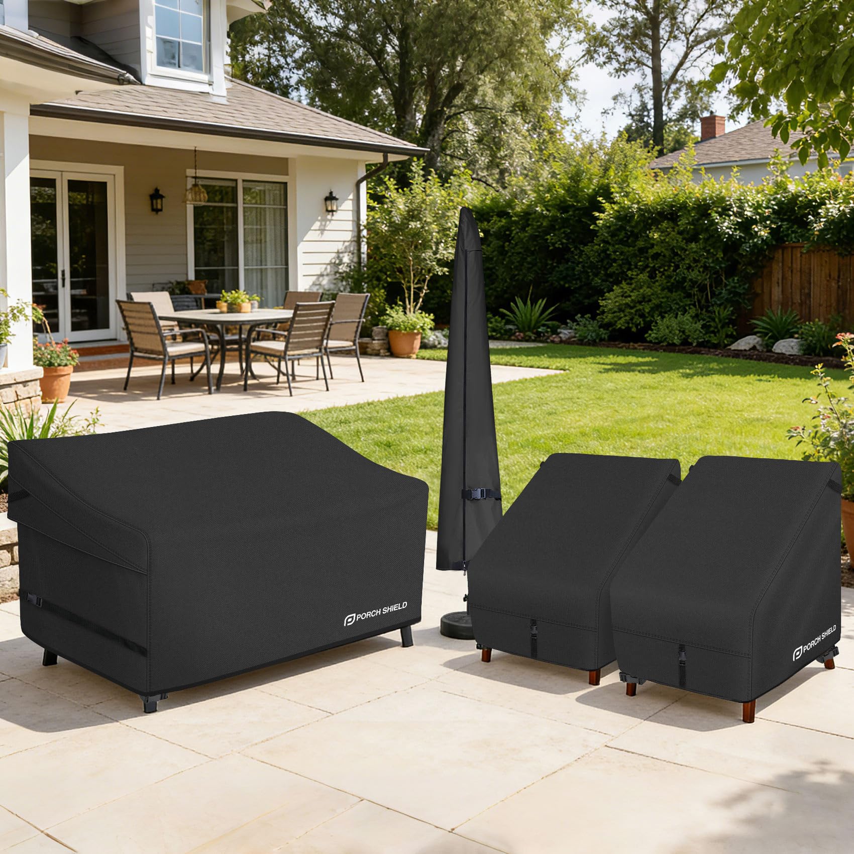 Porch Shield dimensions accommodate 77W by 35D by 35H sofas securely.