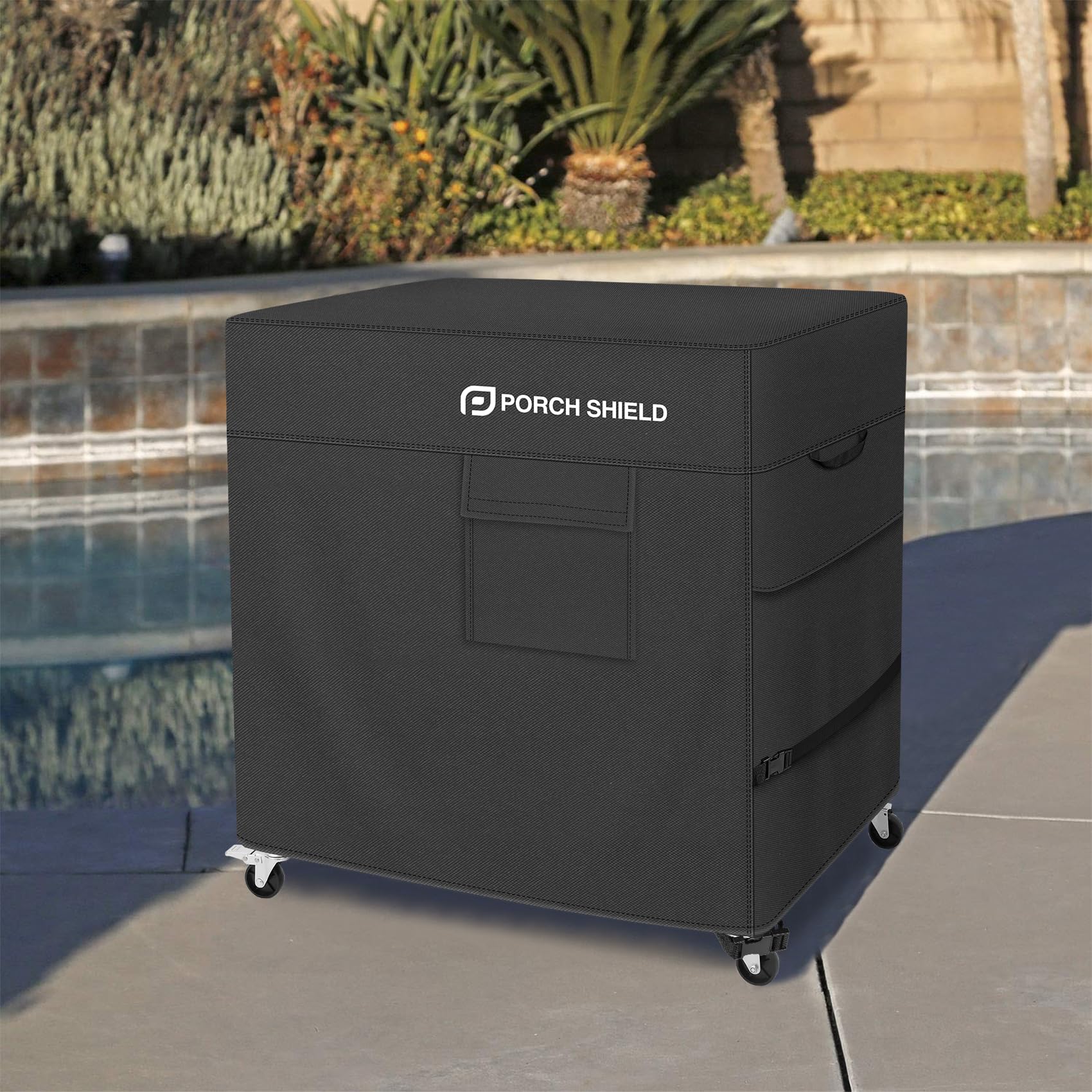 Porch Shield dimensions 40l x 20w x 32h shown on 80-100 Qt cart.