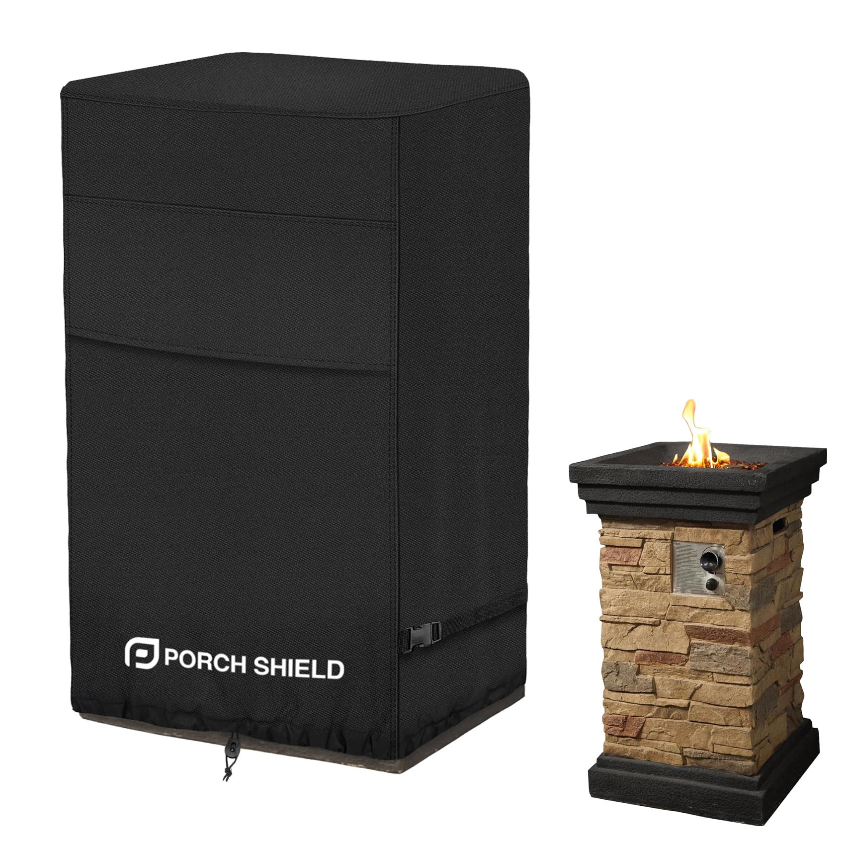 Porch Shield fire-column cover protects a 21-inch square fire pit from rain.