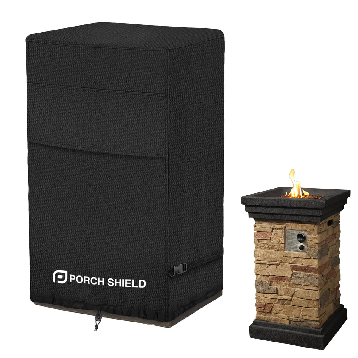 Porch Shield fire-column cover protects a 21-inch square fire pit from rain.