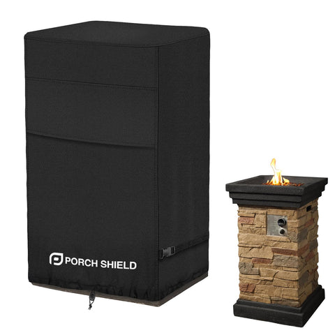 Porch Shield fire-column cover protects a 21-inch square fire pit from rain.