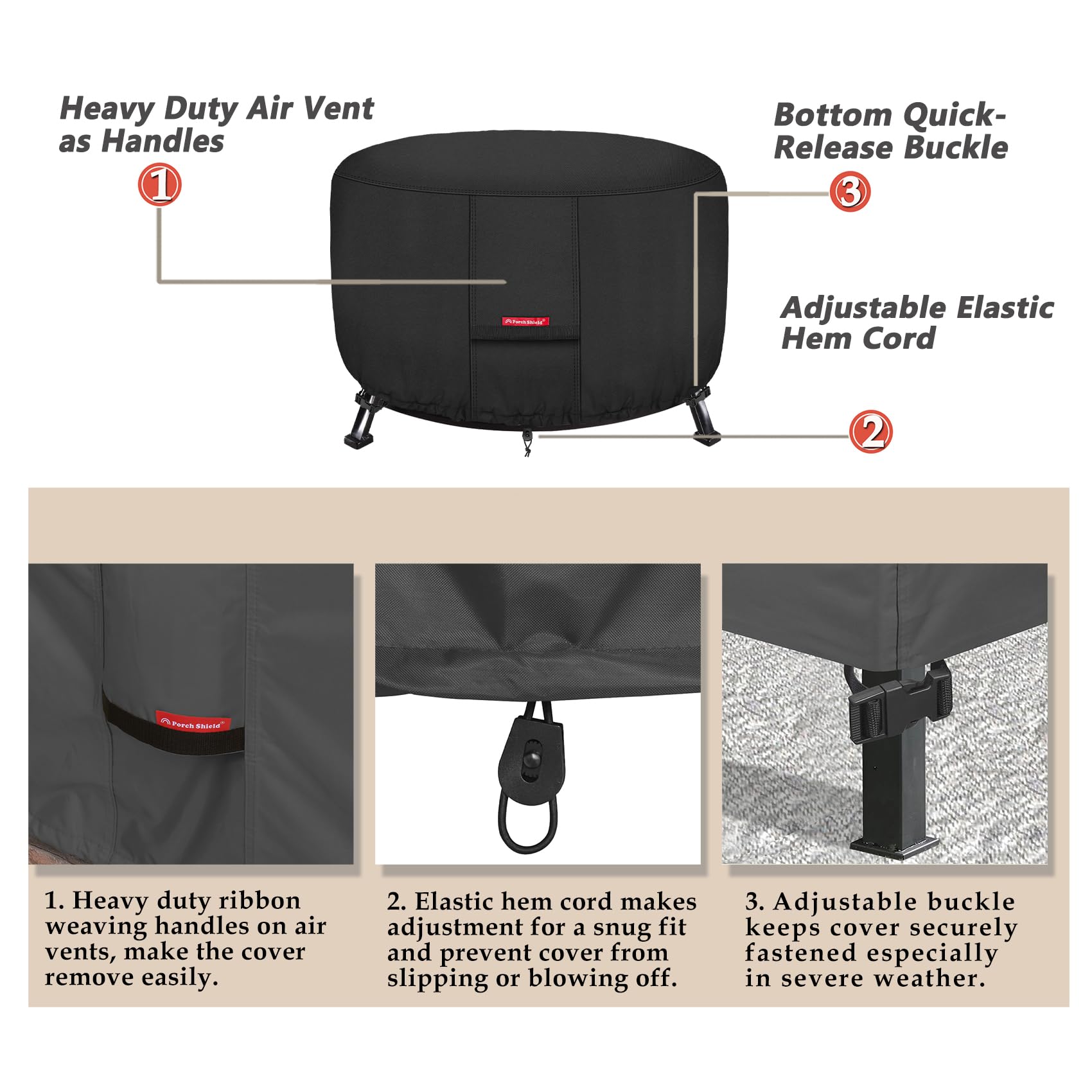 Porch Shield elastic hem cord creates a snug fit against wind and gusts.