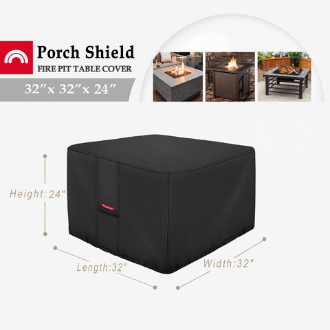 Porch Shield fire pit cover—side view guards against sun fade and weather.