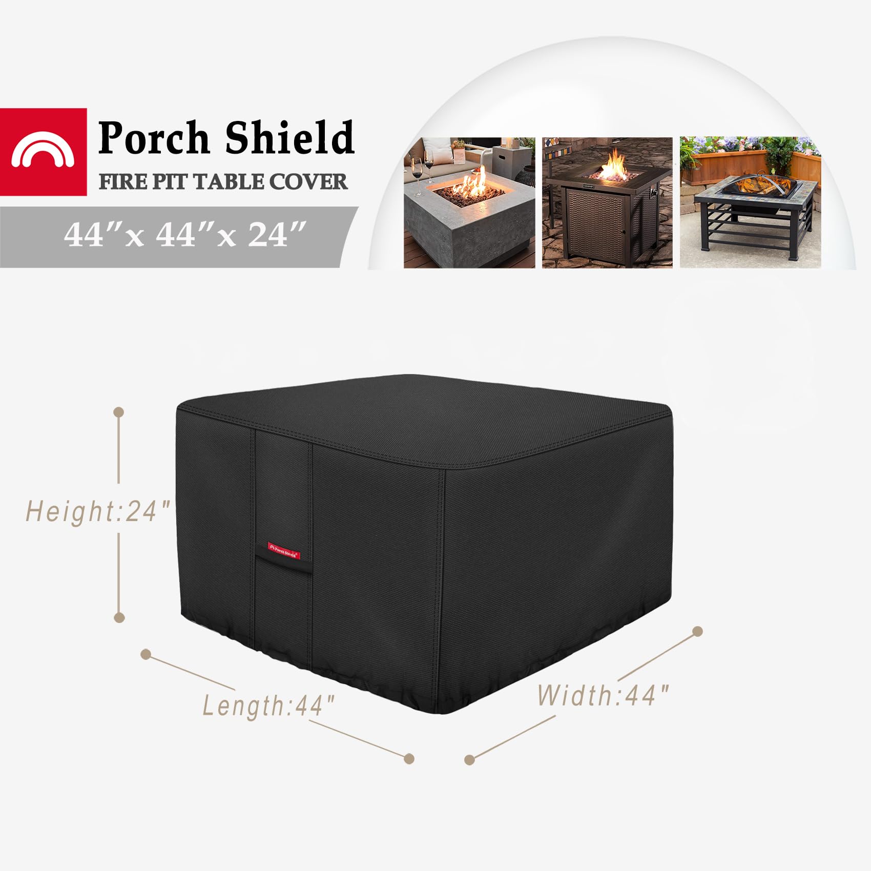 Porch Shield square fire pit cover with fadeproof fabric maintains color outdoors.