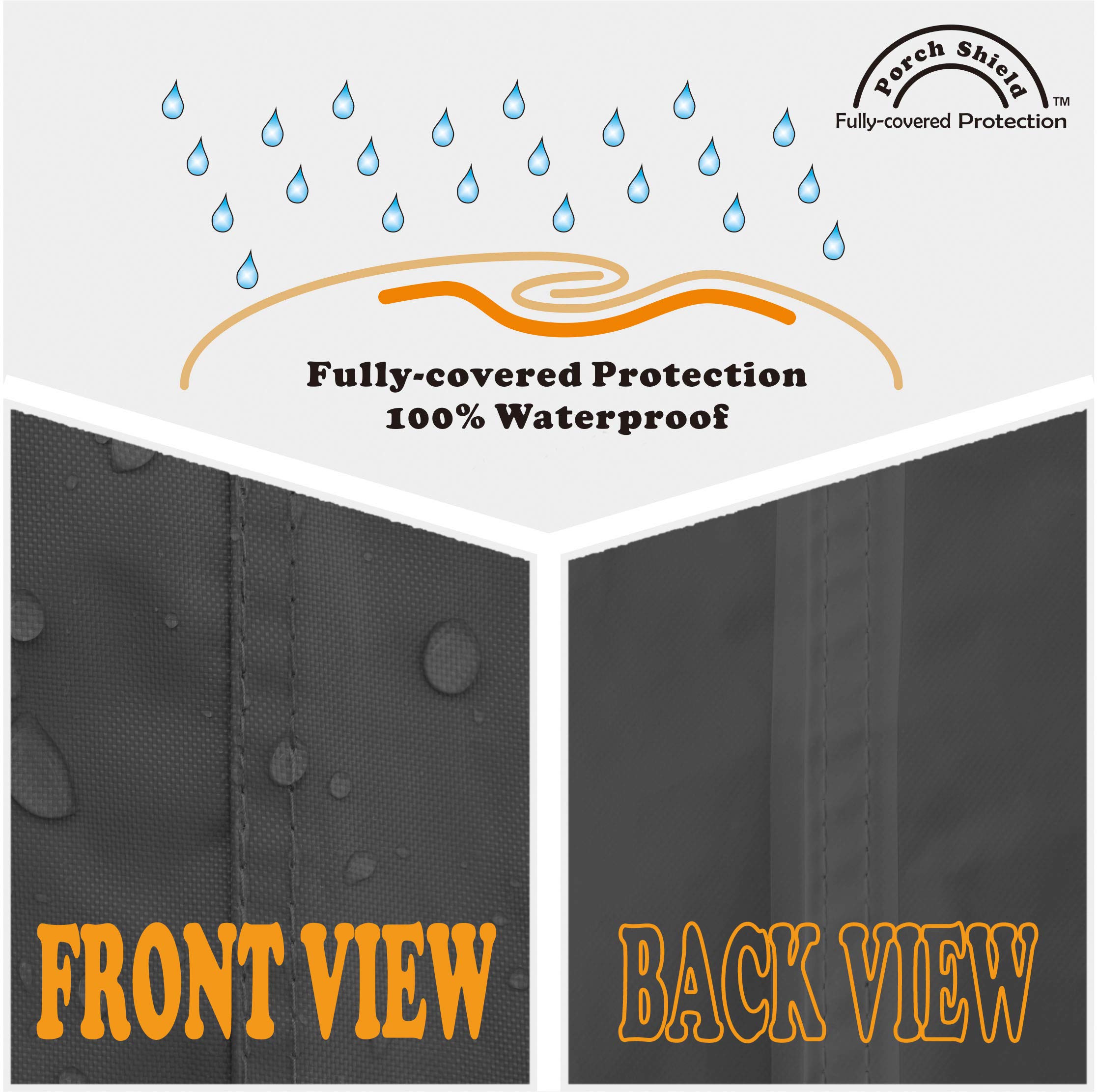 Porch Shield windproof design with elastic hem cord and bottom strap