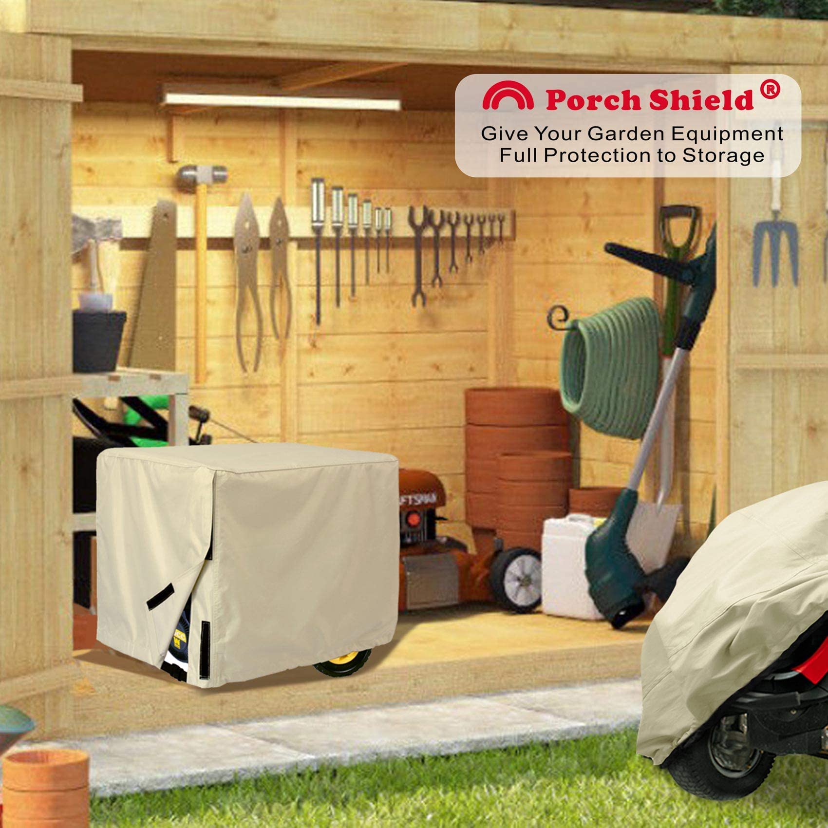 Universal-fit 3,000–15,000W caption shows broad compatibility with Porch Shield