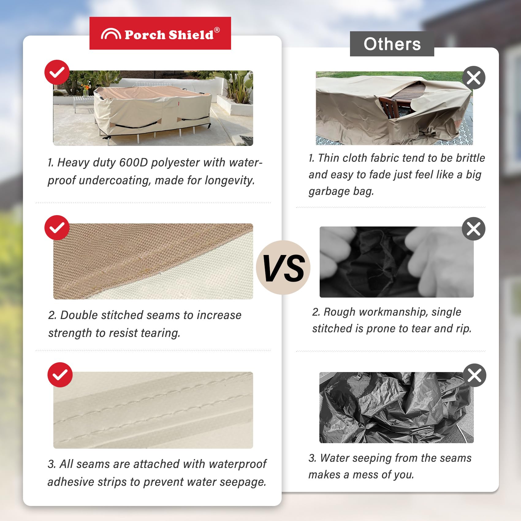 Porch Shield UV-resistant fabric preserves color and finish under bright sun