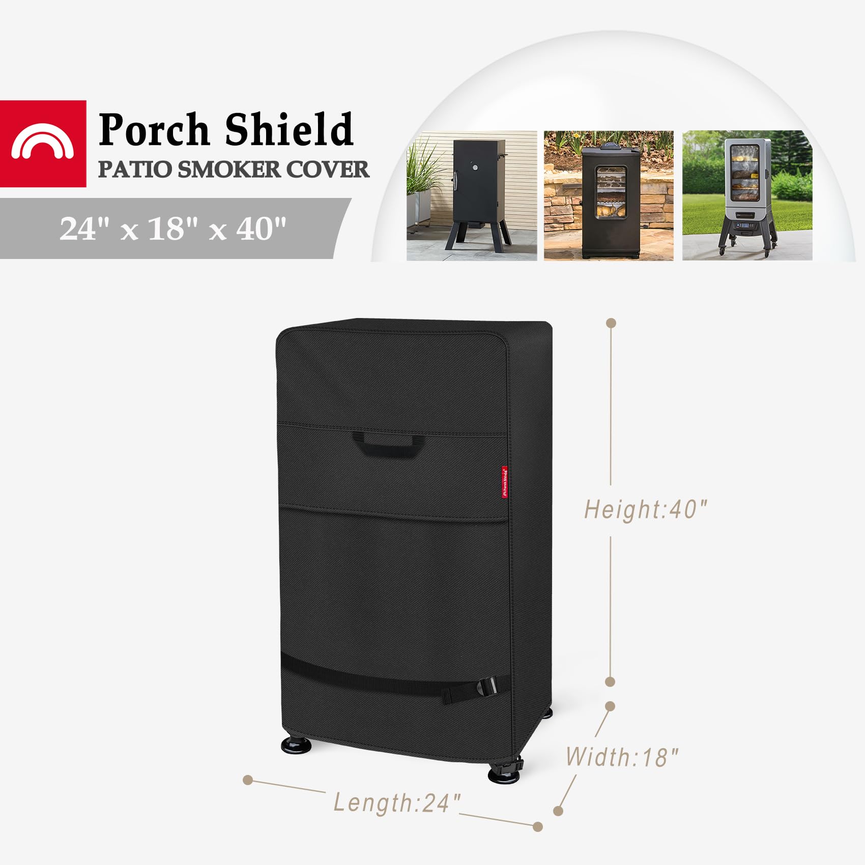 Porch Shield waterproof cover uses 600D fabric to protect your smoker from snow and splashes.