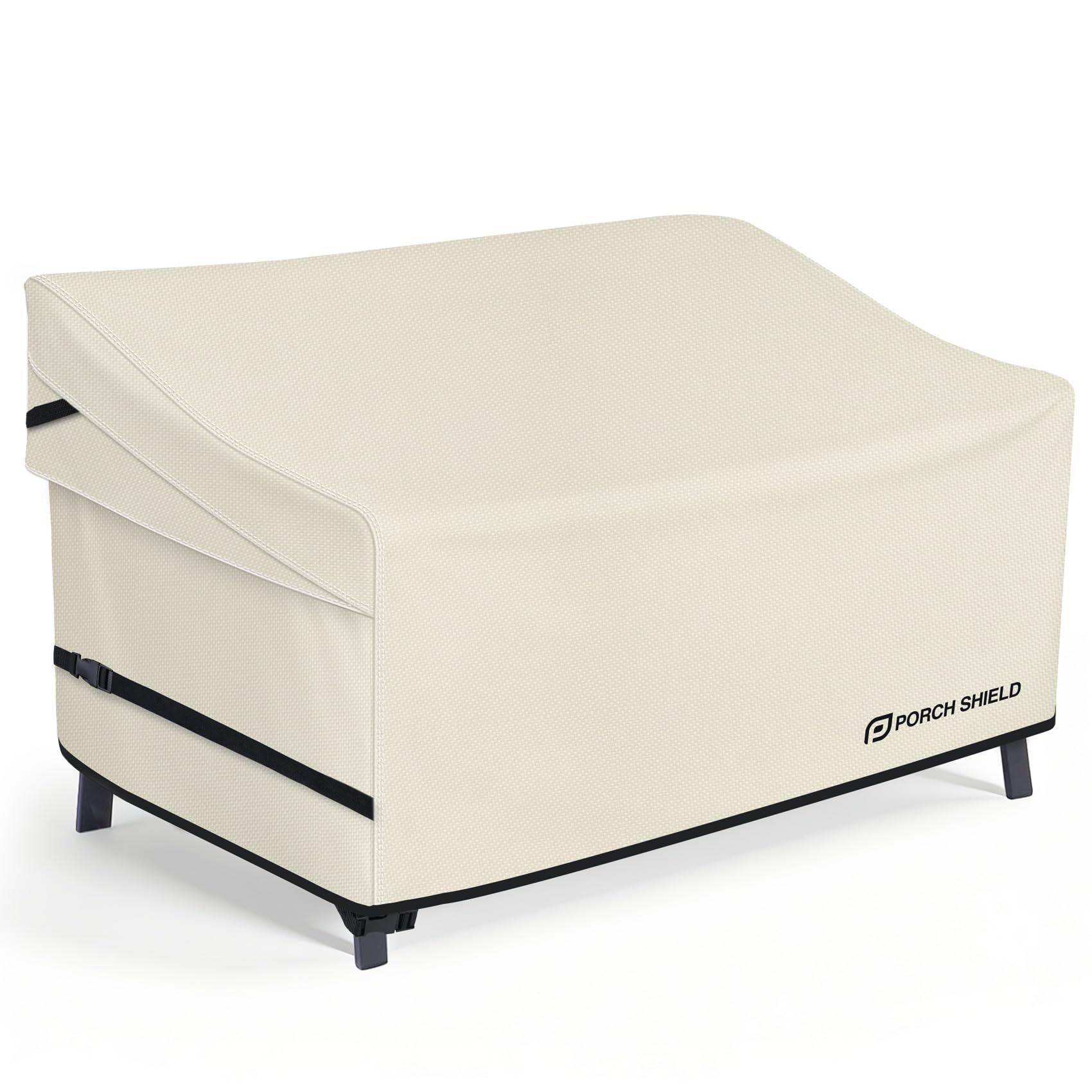 Porch Shield waterproof outdoor bench cover protecting a 56-inch bench from rain and sun.