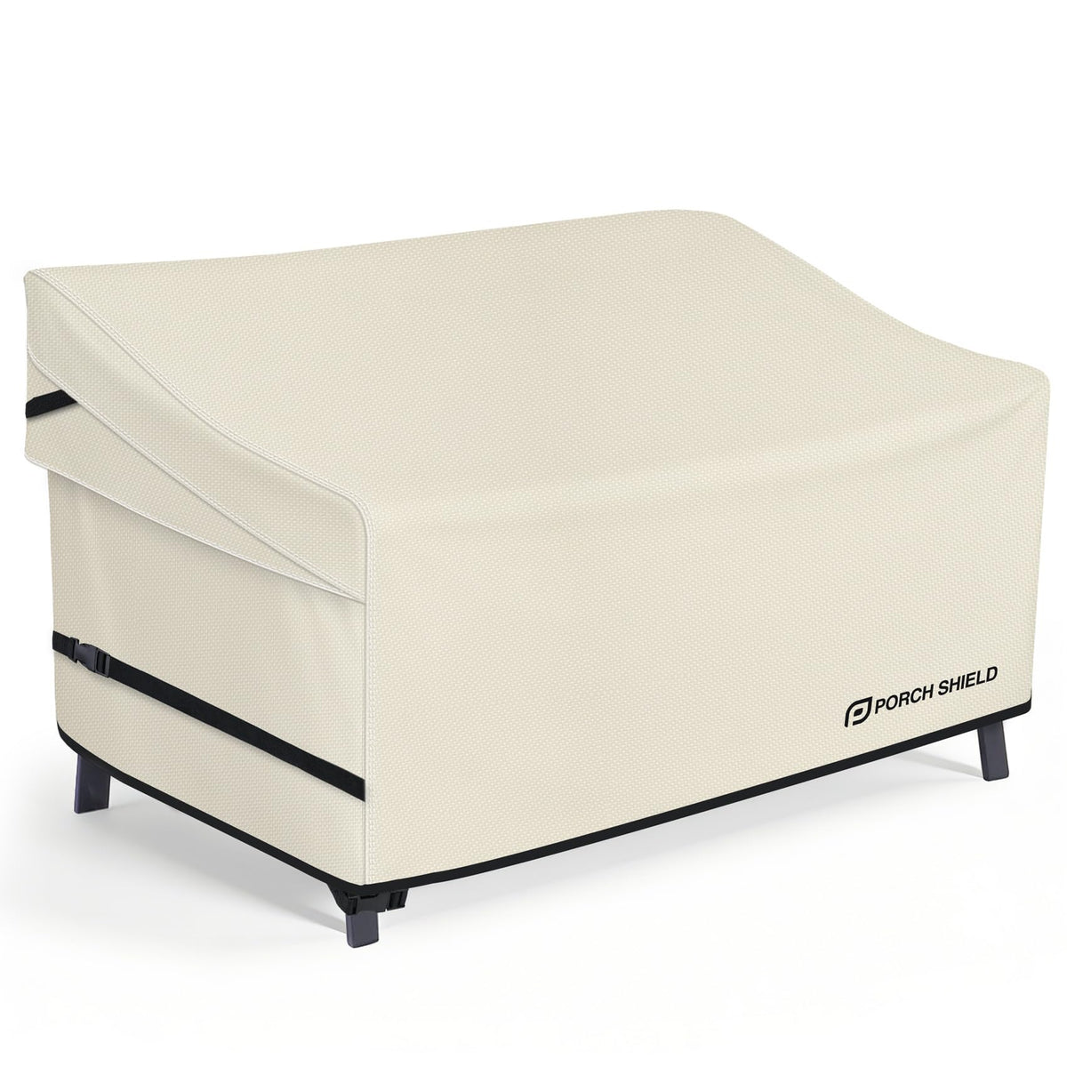 Porch Shield waterproof outdoor bench cover protecting a 56-inch bench from rain and sun.