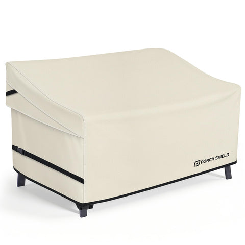 Porch Shield waterproof outdoor bench cover protecting a 56-inch bench from rain and sun.