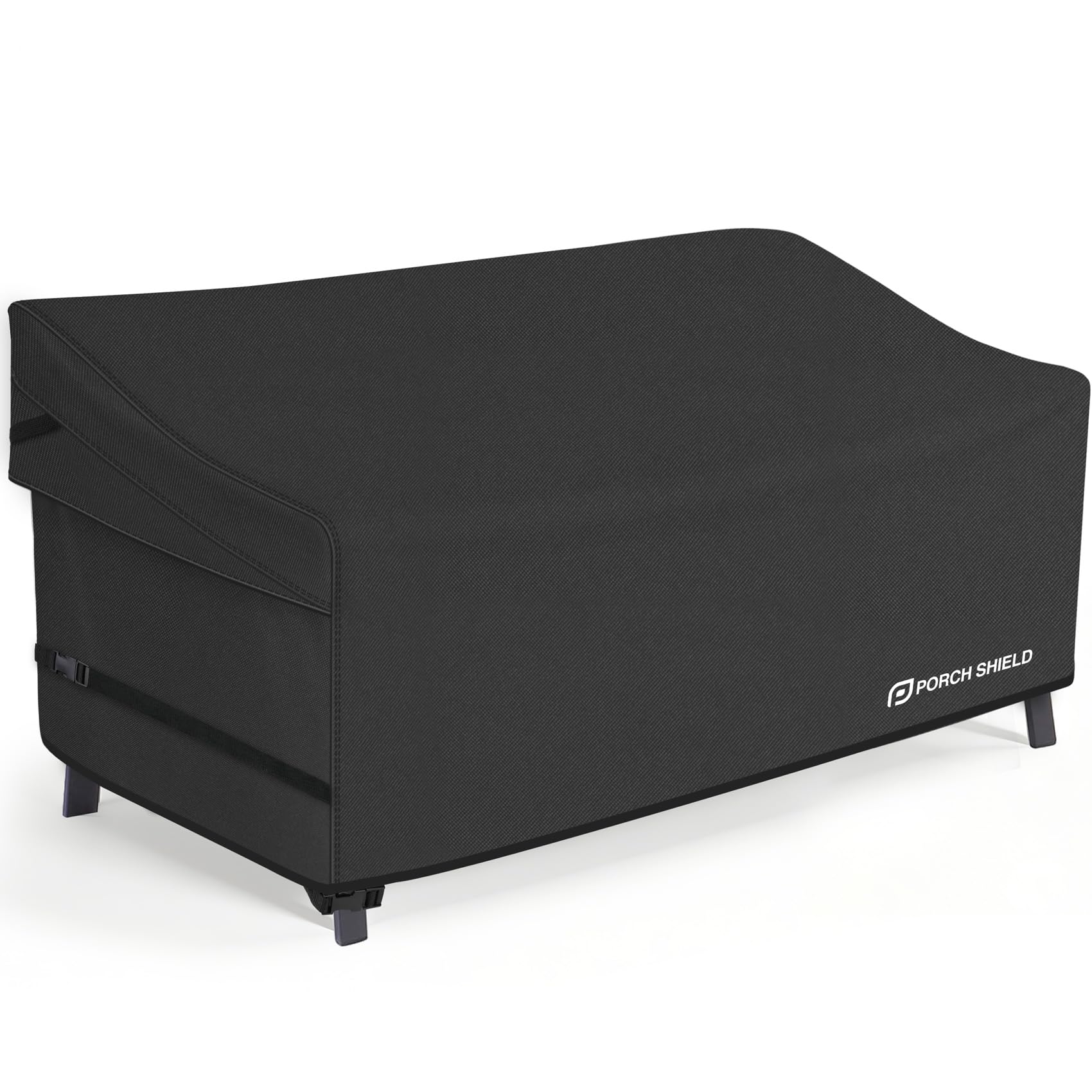 Porch Shield waterproof outdoor sofa cover protecting a 3-seater from rain and sun.