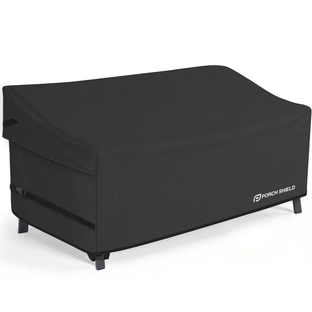 Porch Shield waterproof outdoor sofa cover protecting a 3-seater from rain and sun.