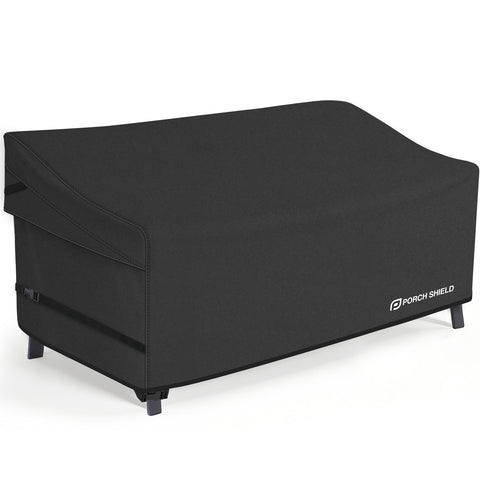 Porch Shield waterproof outdoor sofa cover protecting a 3-seater from rain and sun.