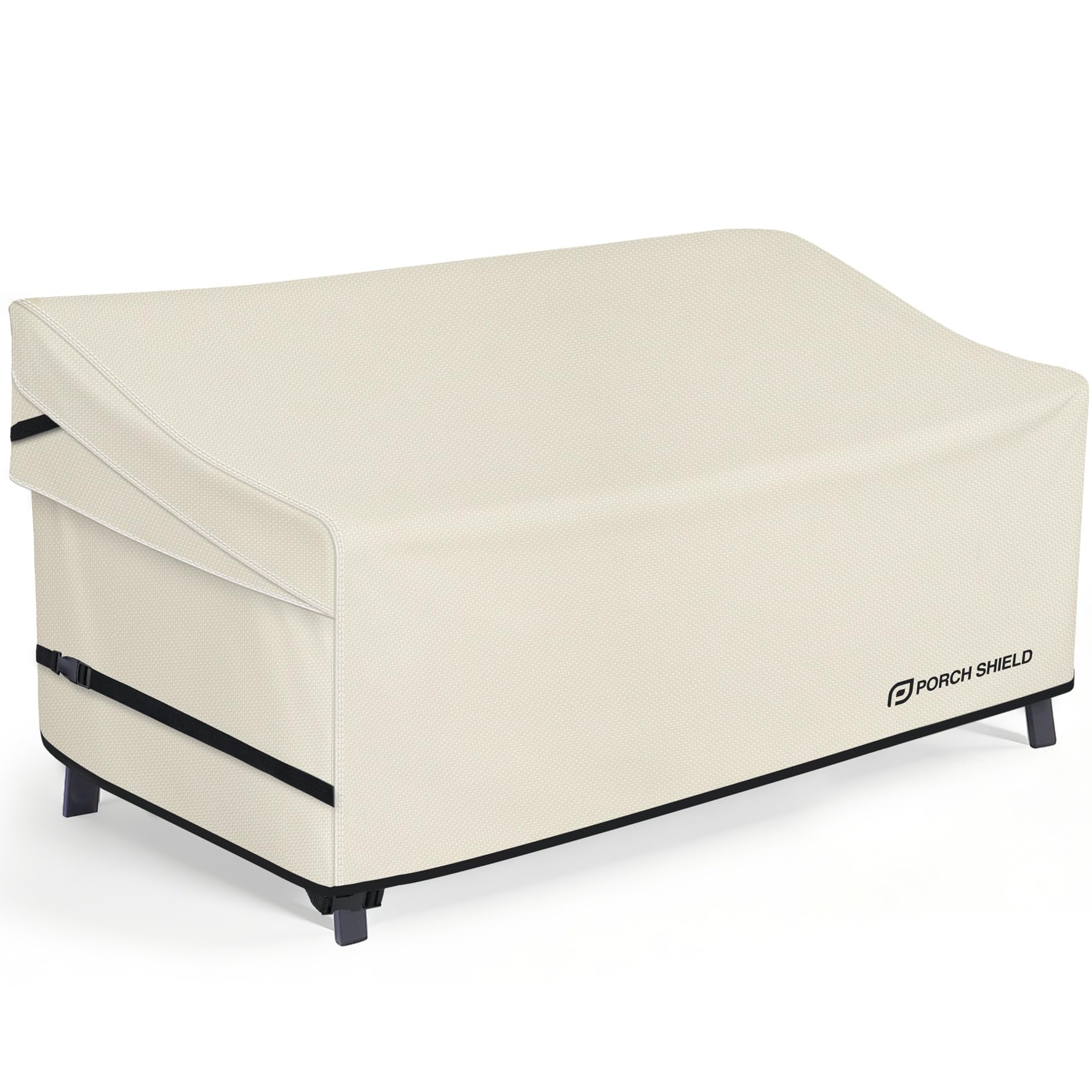 Porch Shield waterproof outdoor sofa cover protects beige 3-seater from rain and sun.