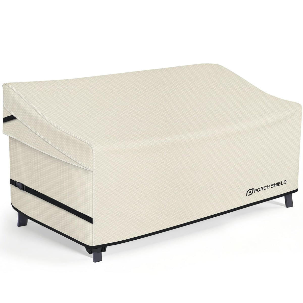 Porch Shield waterproof outdoor sofa cover protects beige 3-seater from rain and sun.