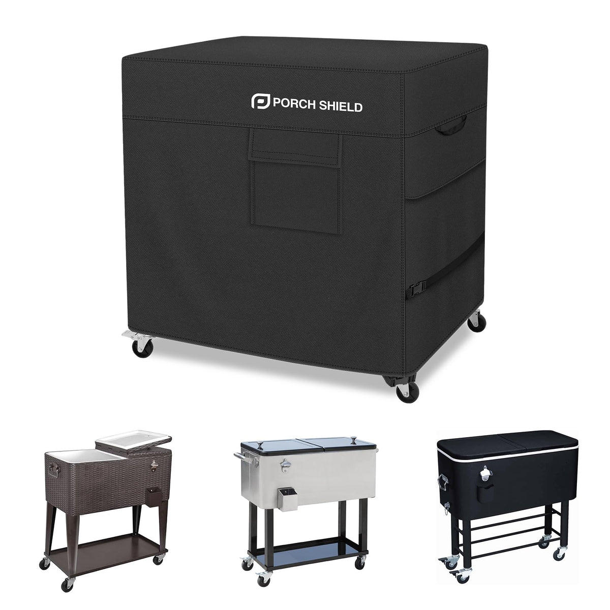 Porch Shield waterproof rolling cooler cover front view protecting an 80-100 Qt cooler from rain and sun.