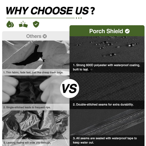 Porch Shield Yukon cover shows taped seams to prevent leaks in wet weather.