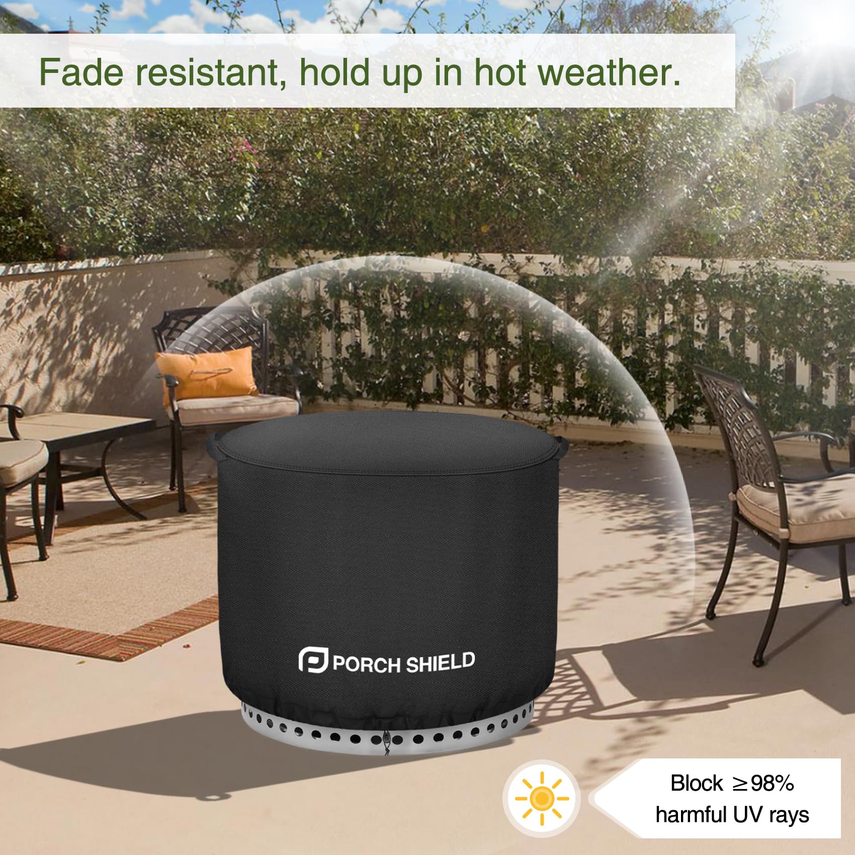 Porch Shield Yukon cover uses UV fade-resistant fabric for long outdoor life.