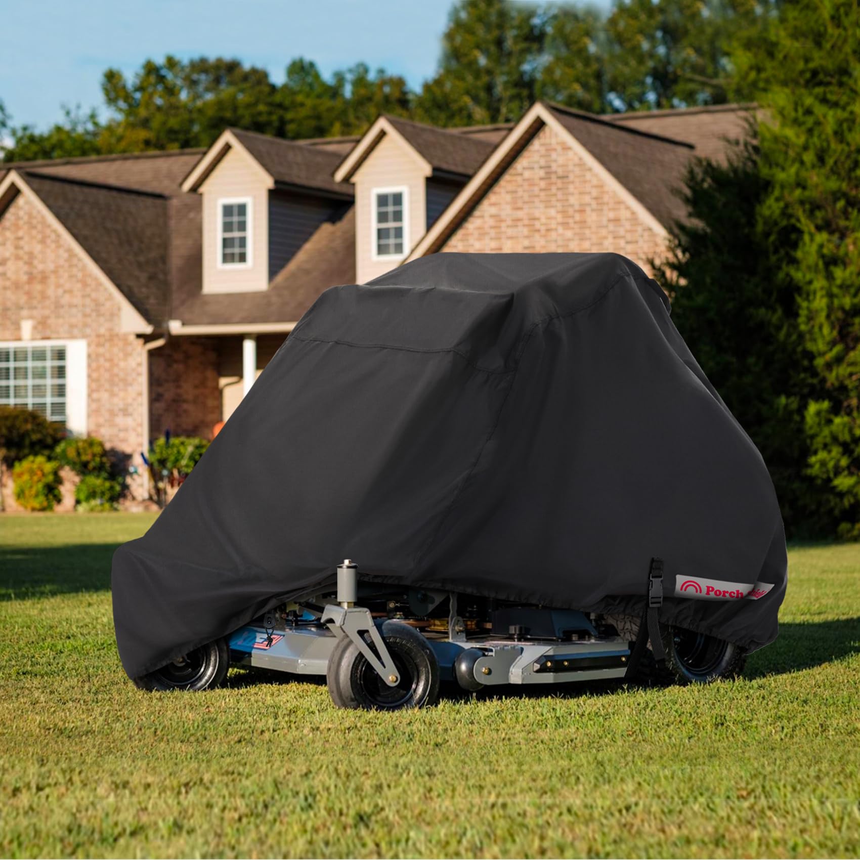 Covered mower stored neatly with Porch Shield cover rolled for storage