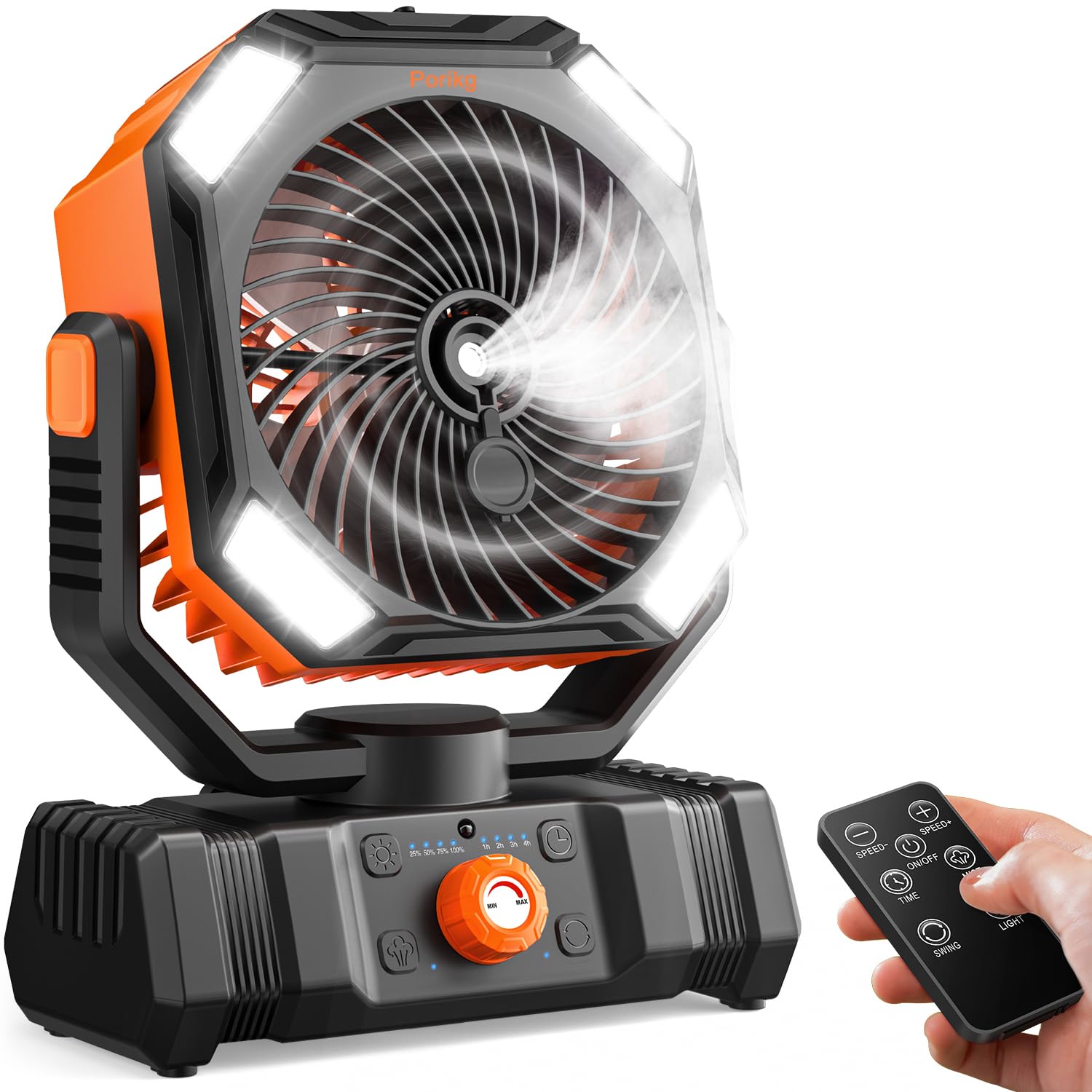 Porikg portable misting fan front view showing compact, desk-ready cooling design.
