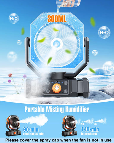 Porikg portable misting fan water tank emphasizes generous 250 mL capacity.