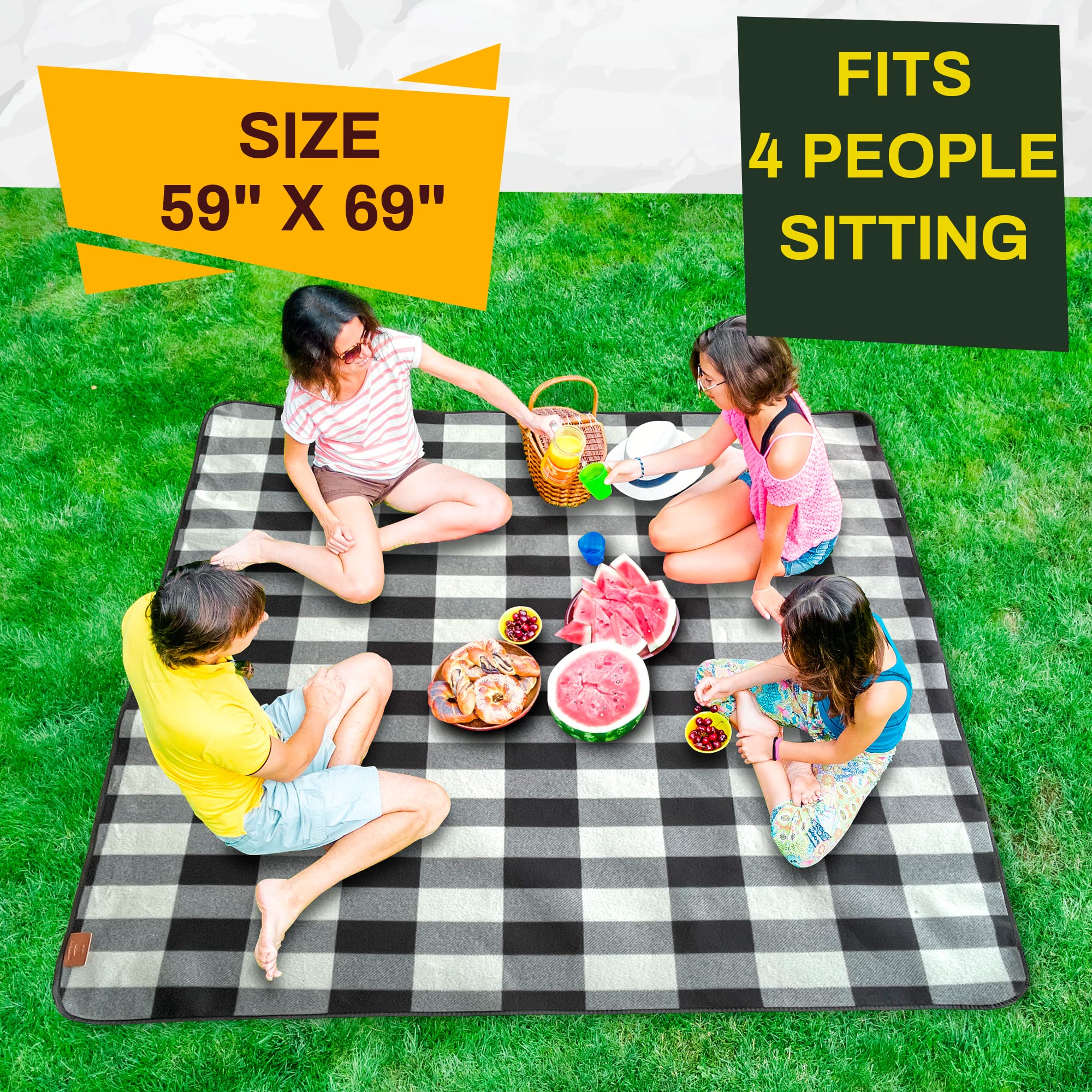 PortableAnd Picnic Blanket soft fleece surface for cozy outdoor seating.