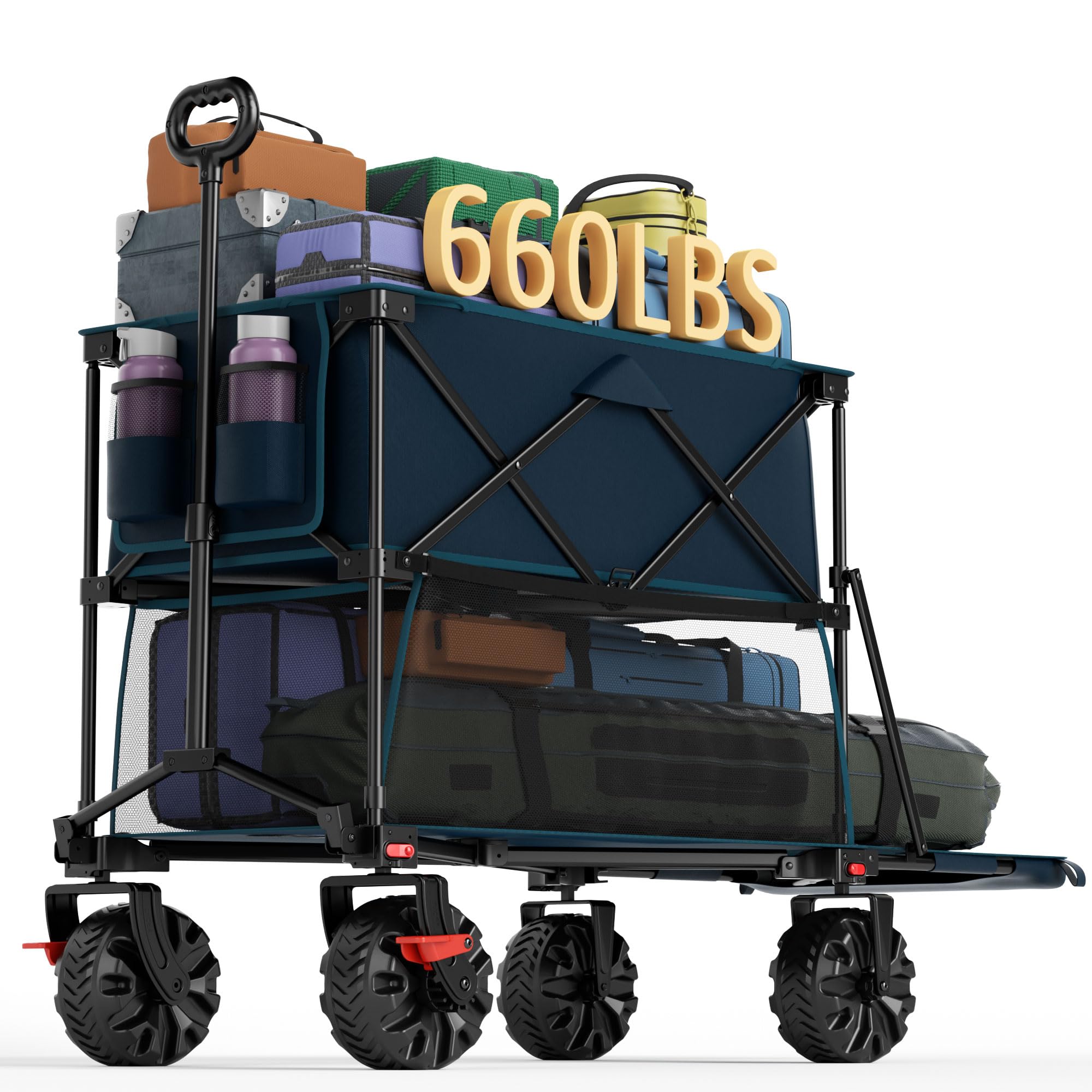 Portal collapsible double-decker wagon with brakes for stable all-terrain hauling.