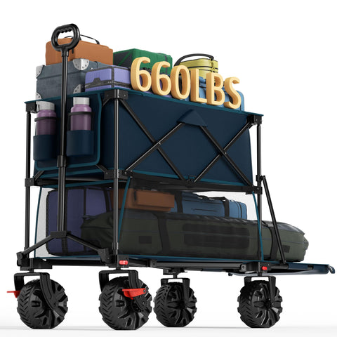 Portal collapsible double-decker wagon with brakes for stable all-terrain hauling.