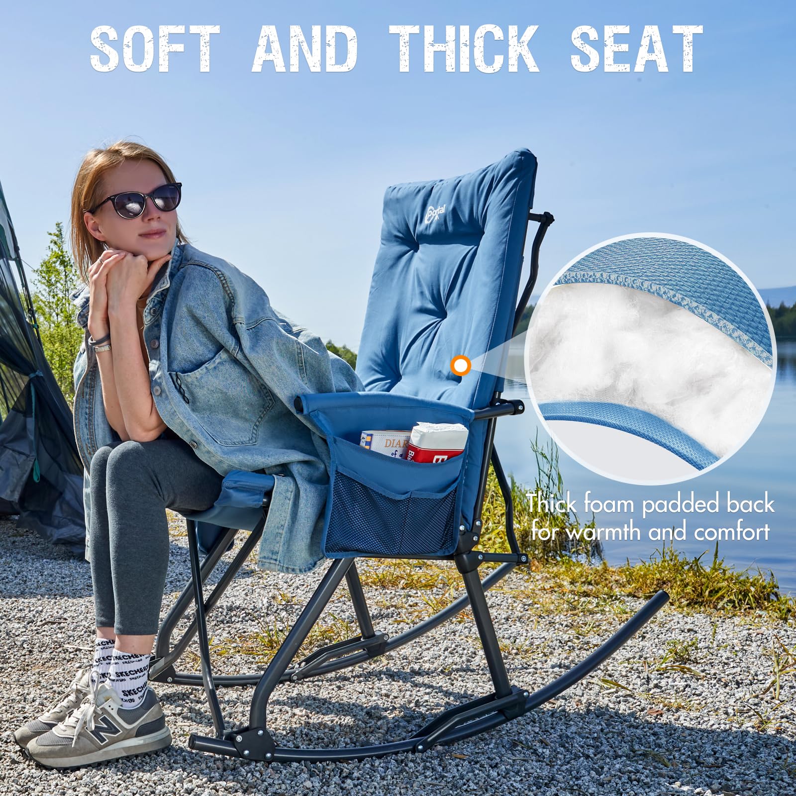 Portal folding chair blue carry bag enables quick packing.