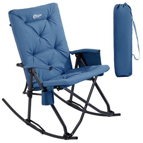 Portal folding rocking chair blue folded for easy transport and storage.