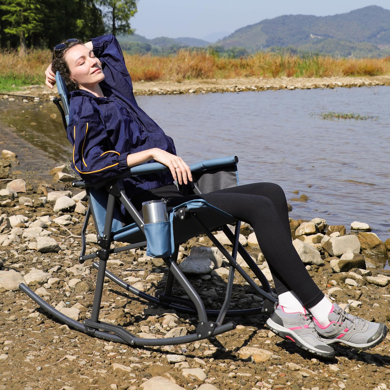 Portal hard armrests rocking chair blue support easy in and out