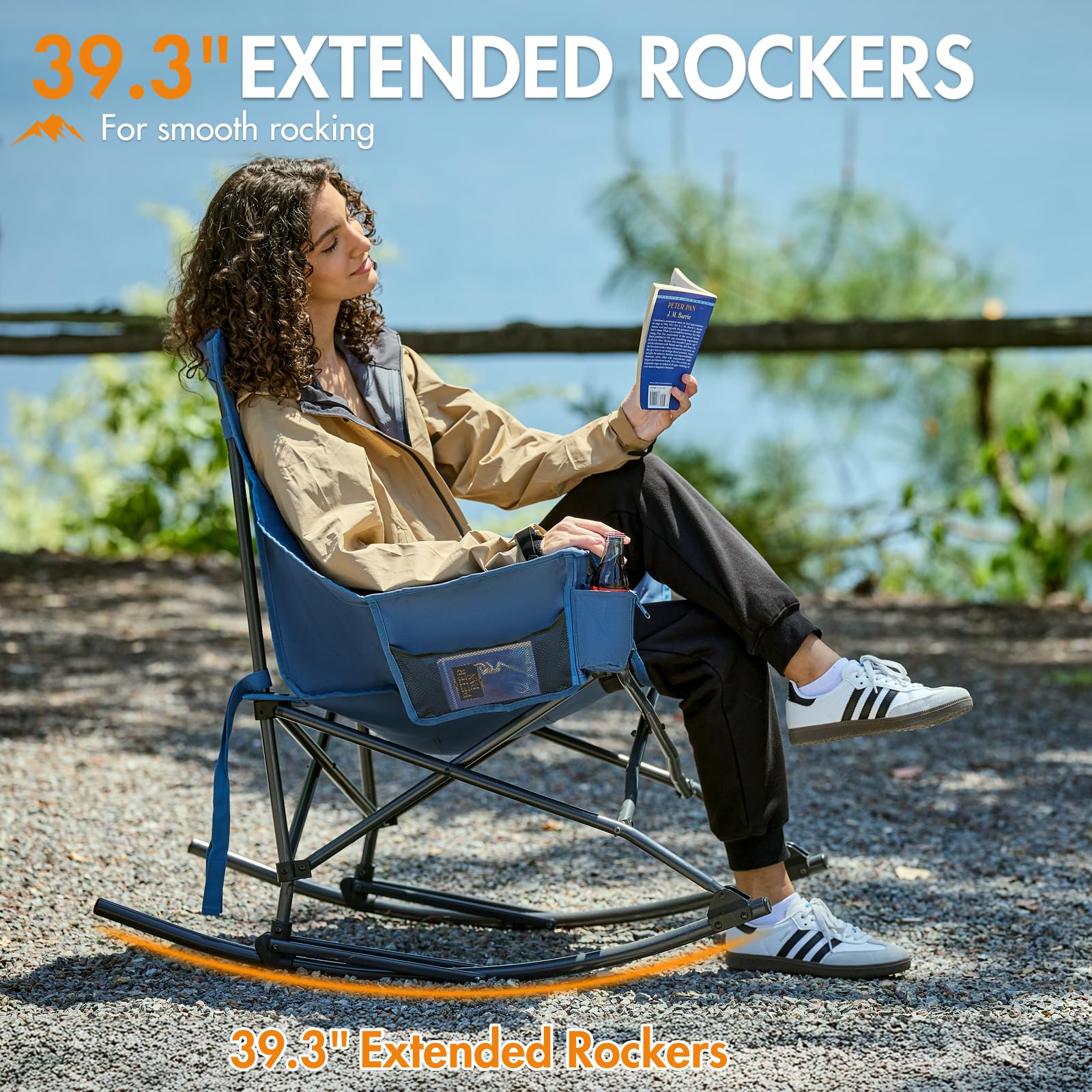 Portal Outdoor Rocking Chair 24-inch backrest supports shoulders during long use.