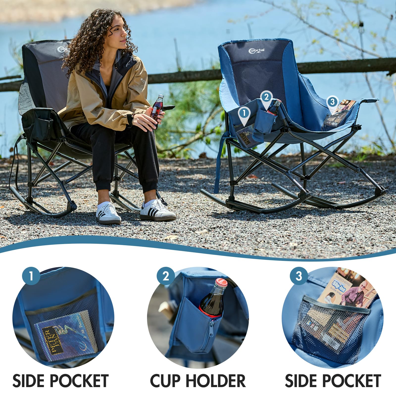 Portal Outdoor Rocking Chair cup-holder keeps drinks steady on uneven ground.