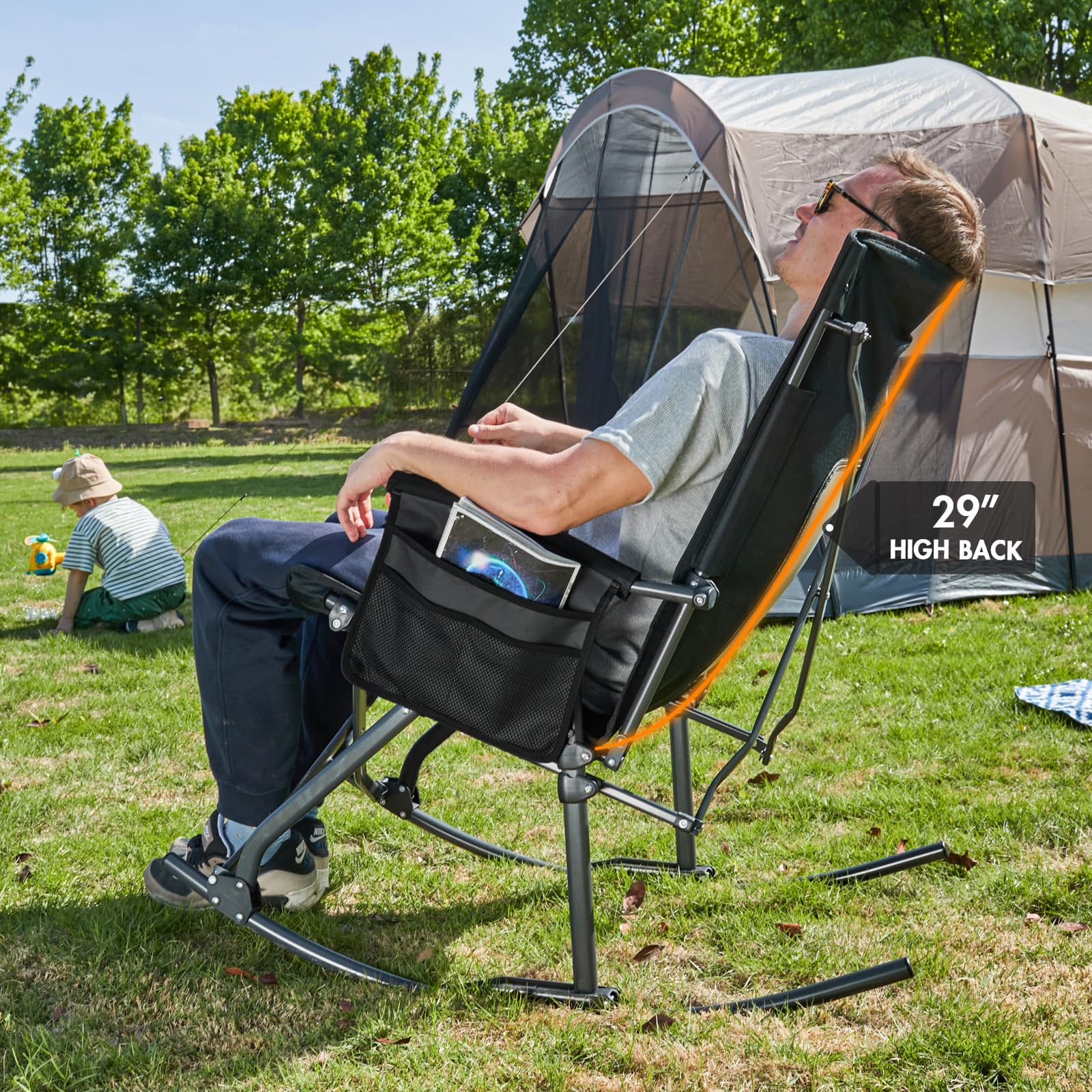Portal Oversized Rocking Chair with 29-inch mesh back for cooling support.