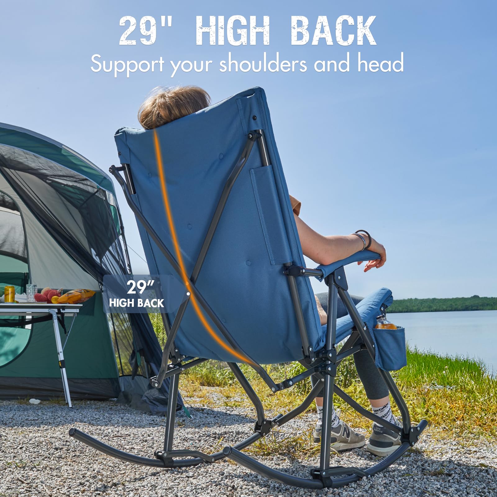 Portal rocking chair blue armrests offer extra stability.