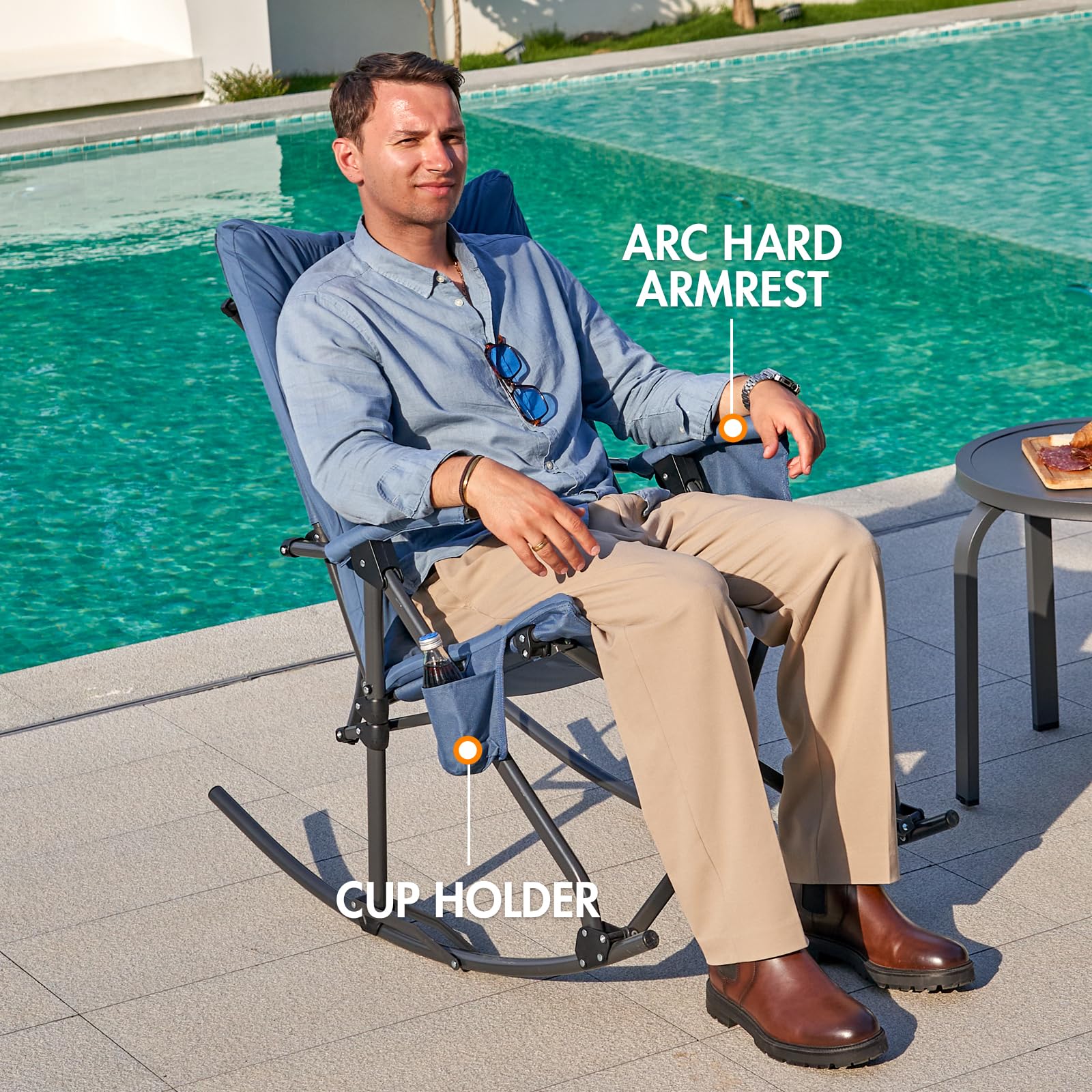Portal blue rocking chair supports 400 lbs with confidence.