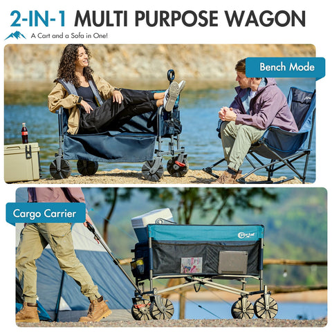 Portal wagon with all-terrain wheels and brakes for stable transport.