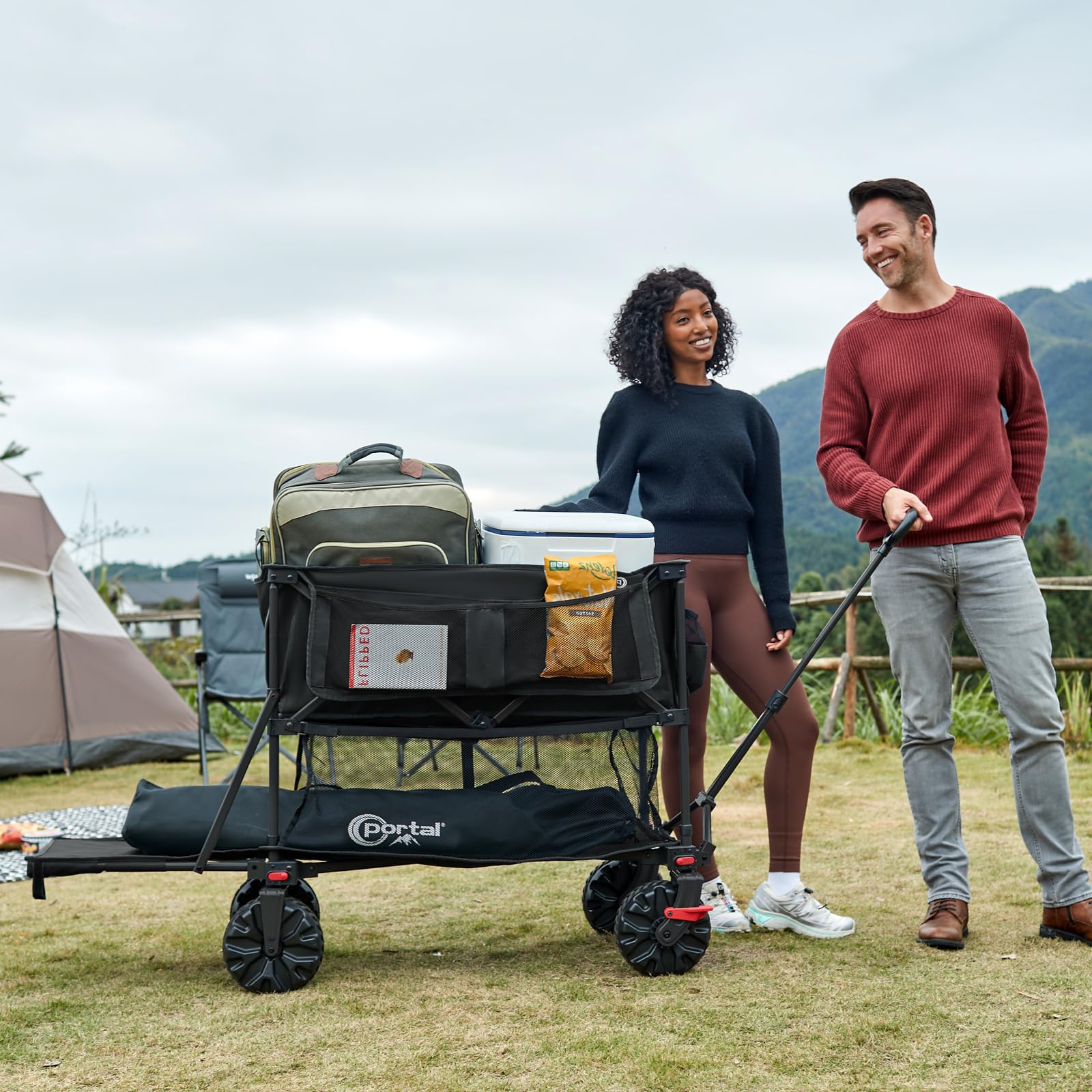 Portal wagon with brakes and all-terrain wheels on grass