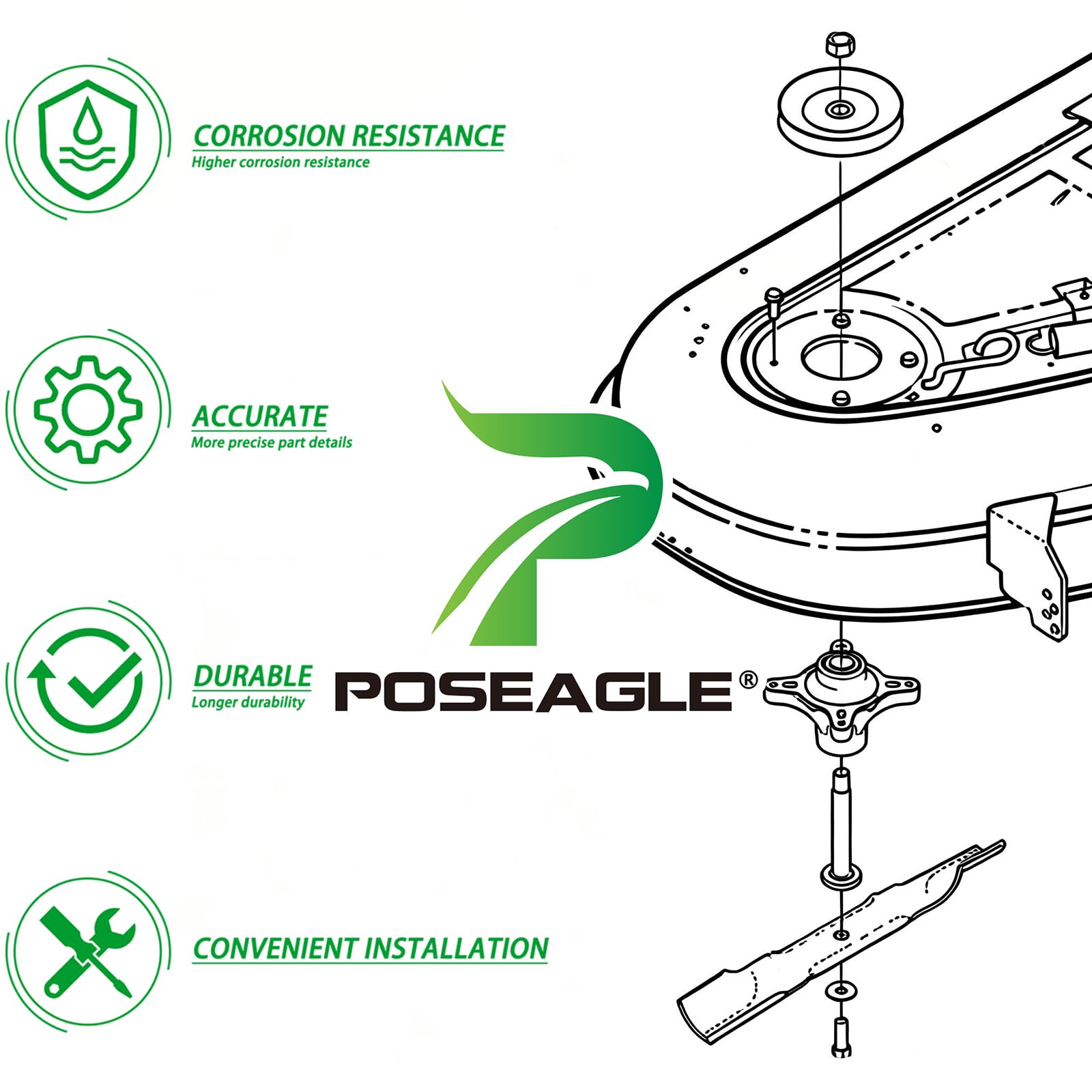 POSEAGLE complete spindle-pulley-idler-belt kit simplifies mower maintenance.