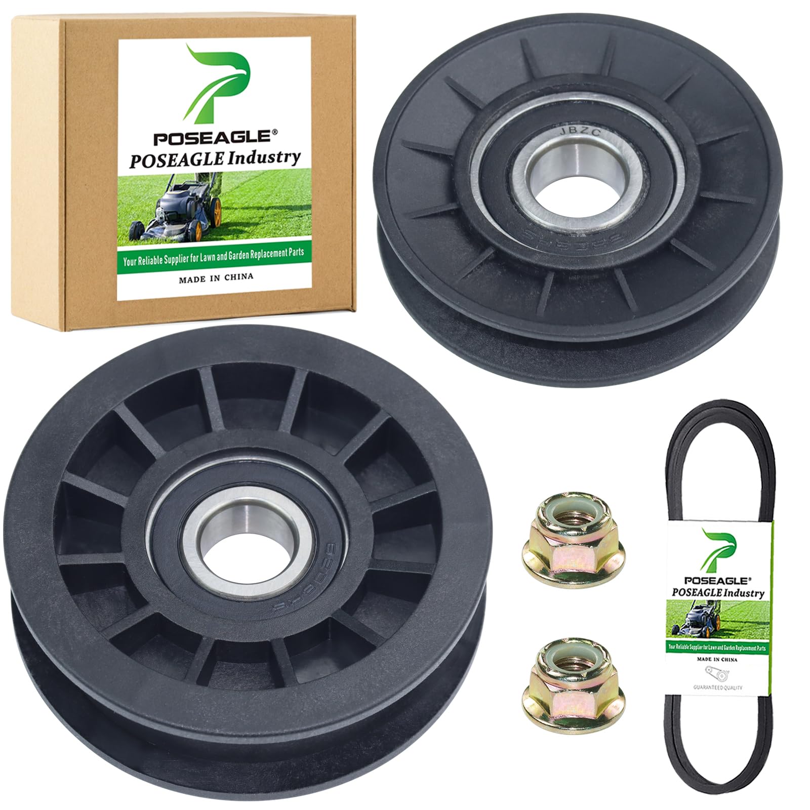 POSEAGLE GX20286 V idler pulley for Deere decks improves belt guidance.