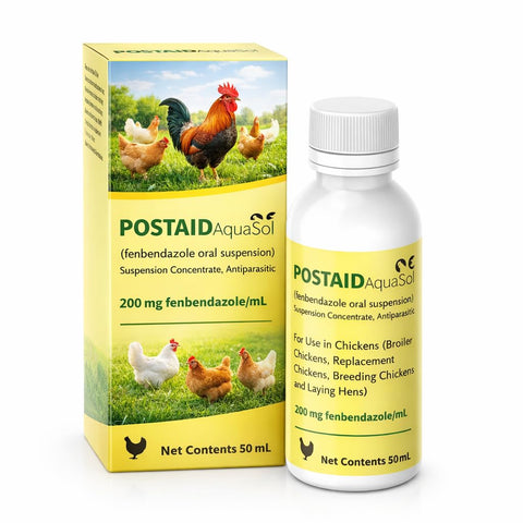 Postaid chicken dewormer bottle being poured for easy dosing in flocks