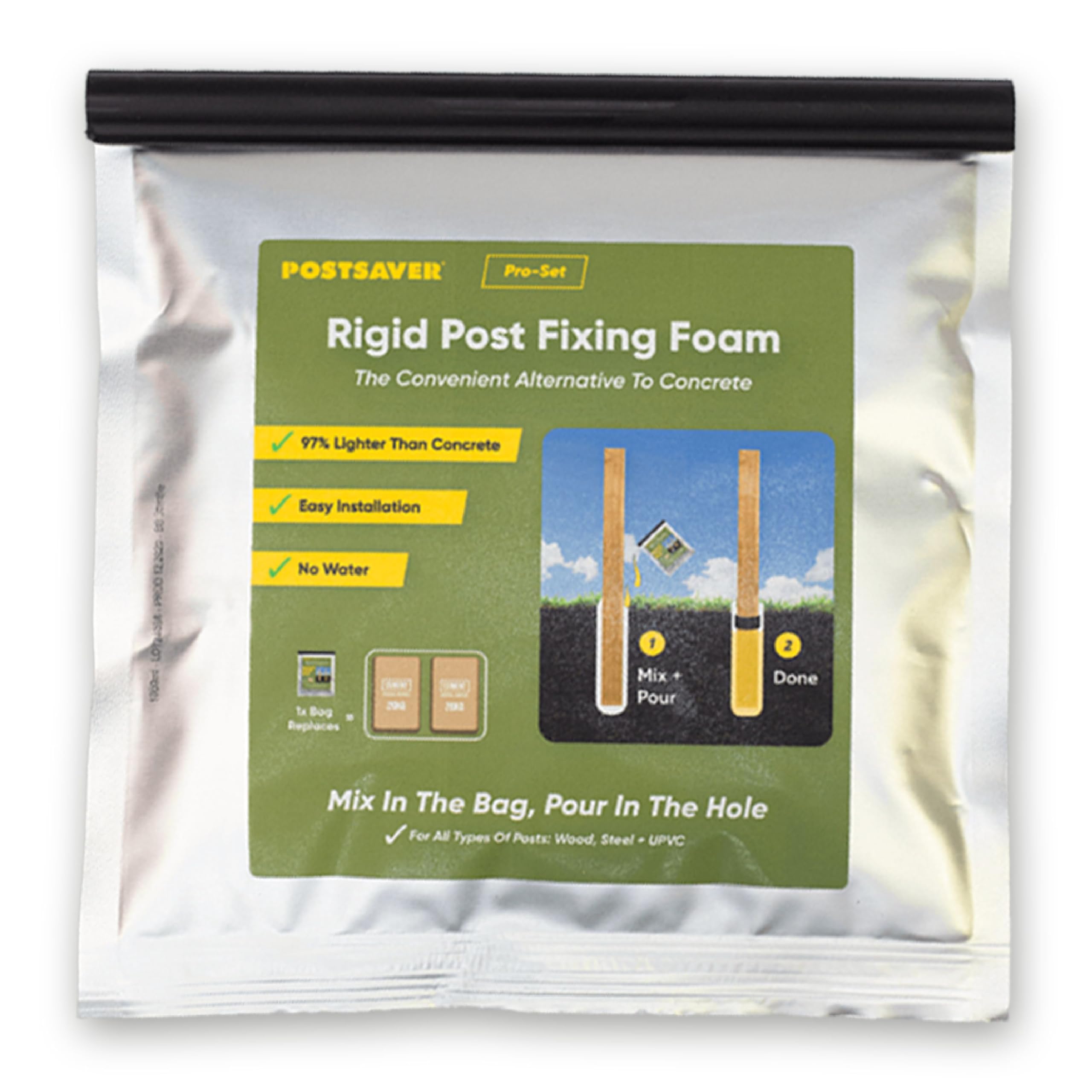 Postsaver Pro-Set pack in hand for quick fence post installation.